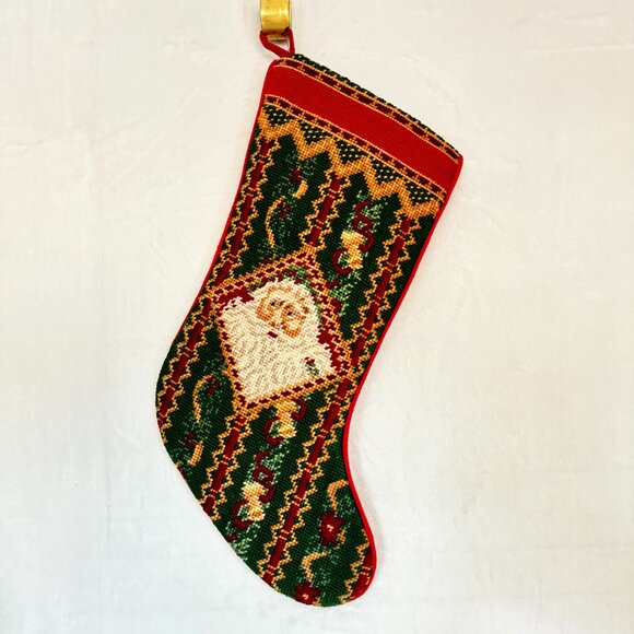 Wool Needlepoint Christmas Stocking 16.5" Santa Claus Holiday - Picture 1 of 3